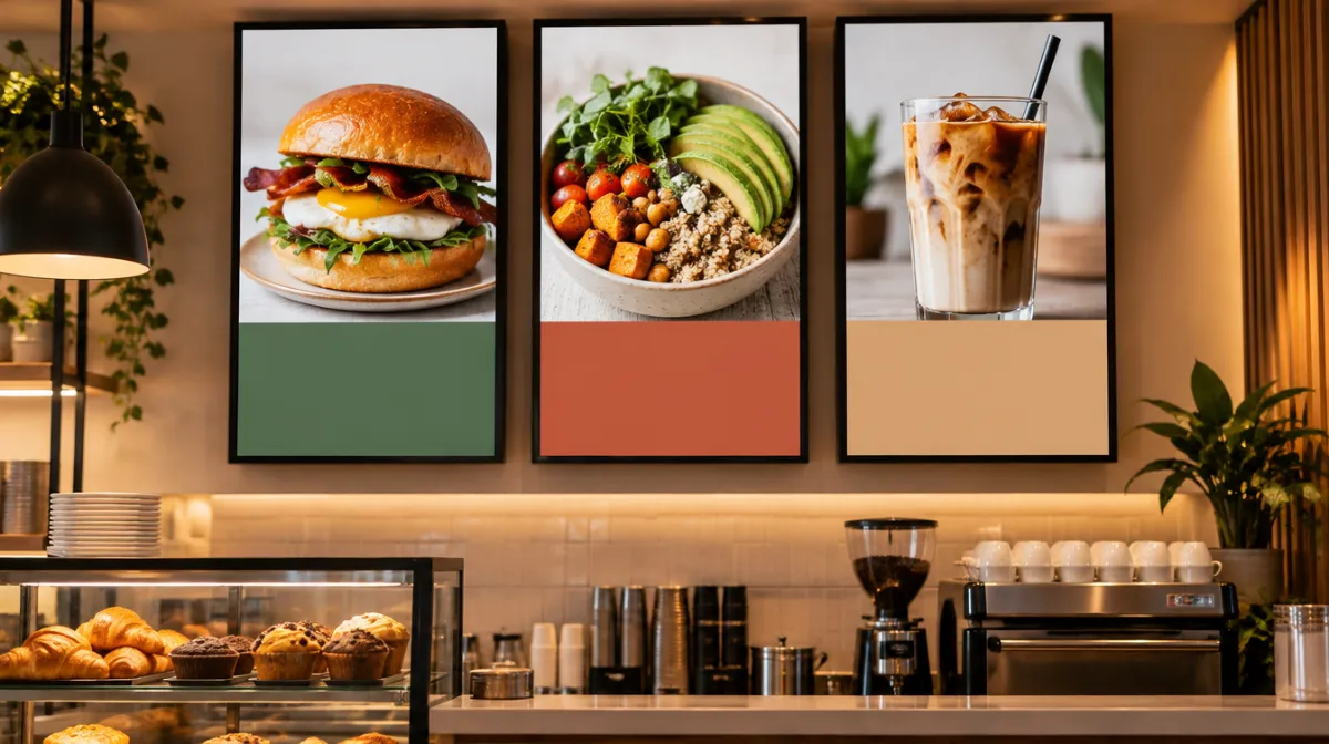 Three portrait digital menu screens above a café counter showing food photos