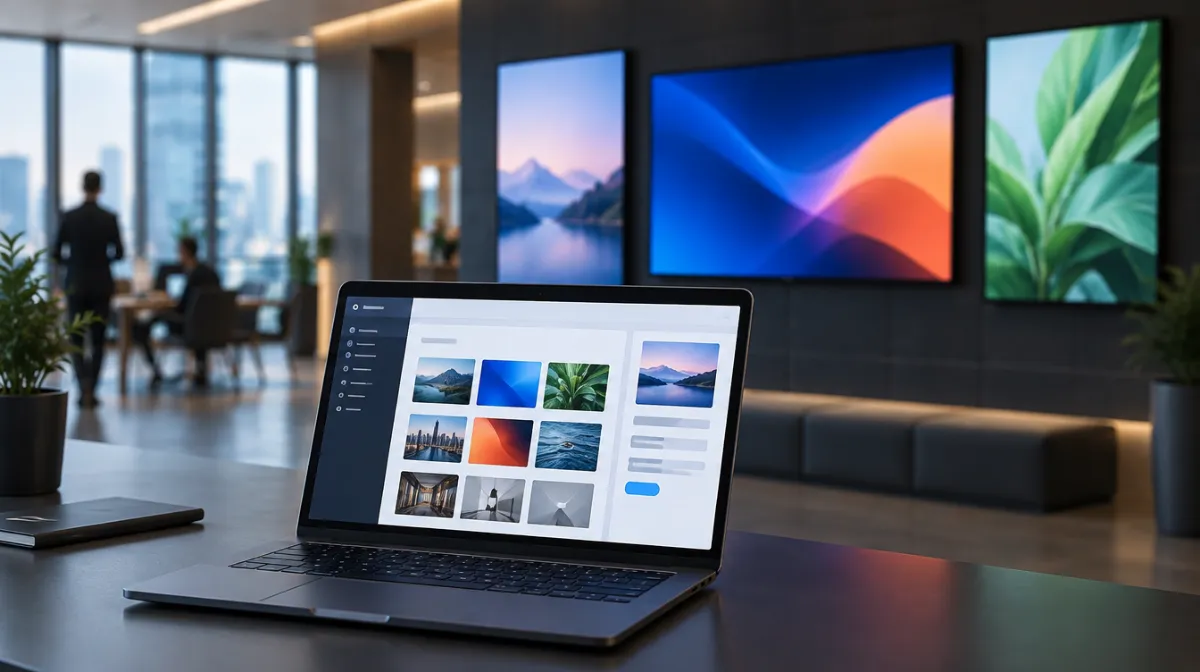 A laptop showing a signage content dashboard with screens in the background