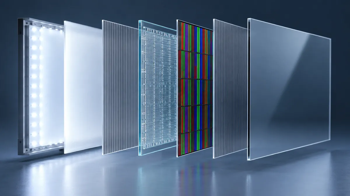 An exploded view of display layers: backlight, polarizing films, glass and color filter